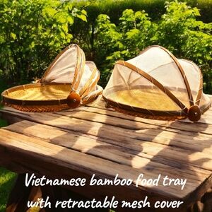 Set Of Bamboo Food Trays With Mesh Cover